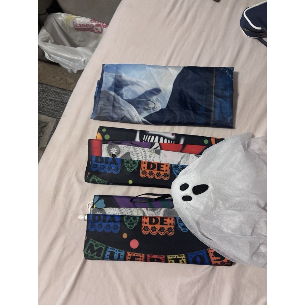 3 Halloween Plastic Backdrops w/ Light-Up Ghost, Skull Pattern, Multicolor